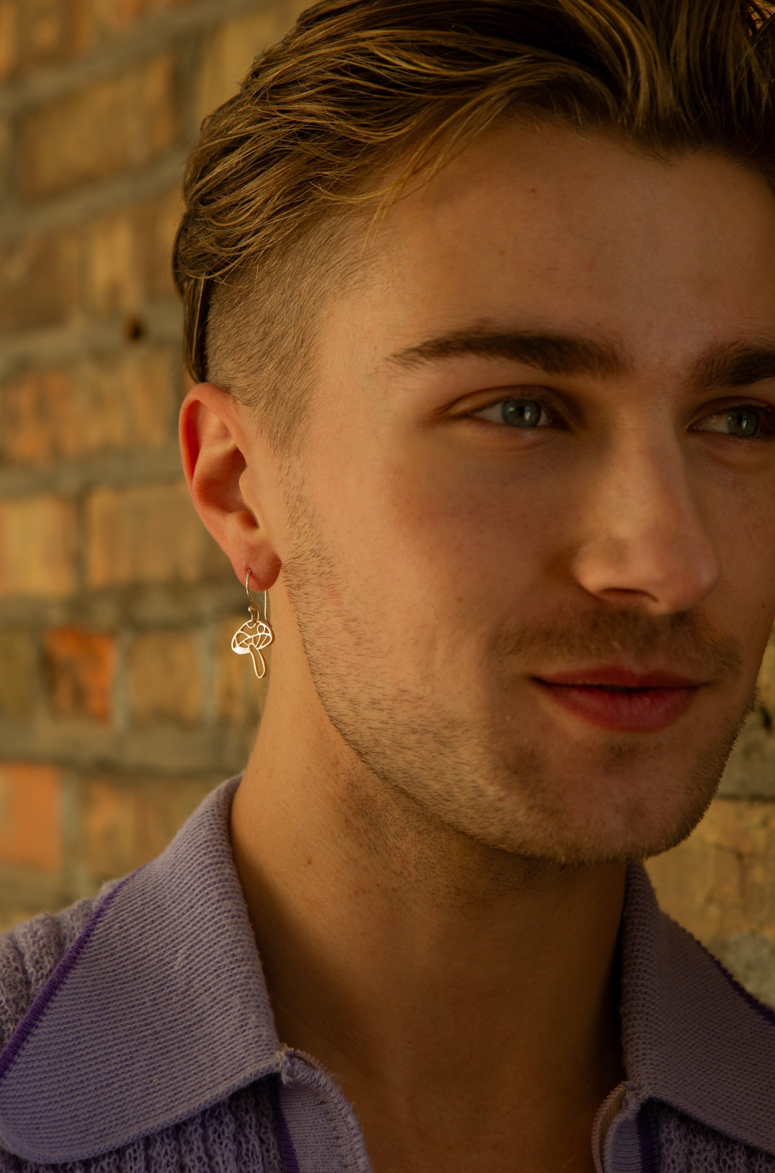 Close-up of Fair Anita Fantasia Mushroom Earrings showing earthy mushroom design, 1.25 inch silver-plated dangle style