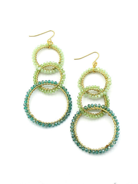 Faraway Fields Sparkle Earrings – Fair Anita ethically handmade green glass bead earrings, styled close-up
