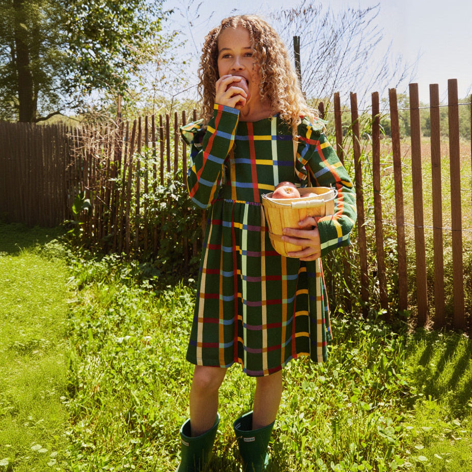 Mon Coeur Kids Fall Grid Ruffle Dress styled for everyday wear, organic and recycled fabric dress for children