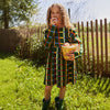 Mon Coeur Kids Fall Grid Ruffle Dress styled for everyday wear, organic and recycled fabric dress for children