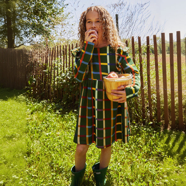 Mon Coeur Kids Fall Grid Ruffle Dress styled for everyday wear, organic and recycled fabric dress for children