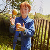 Mon Coeur Kids Denim Barn Jacket worn outdoors, designed to be played in and passed down