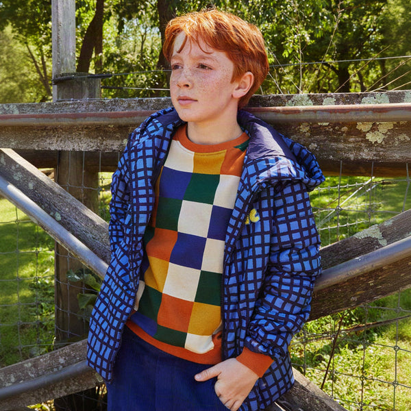 Blue Grid Puffer Jacket – Recycled Polyester Kids' Coat by Mon Coeur
