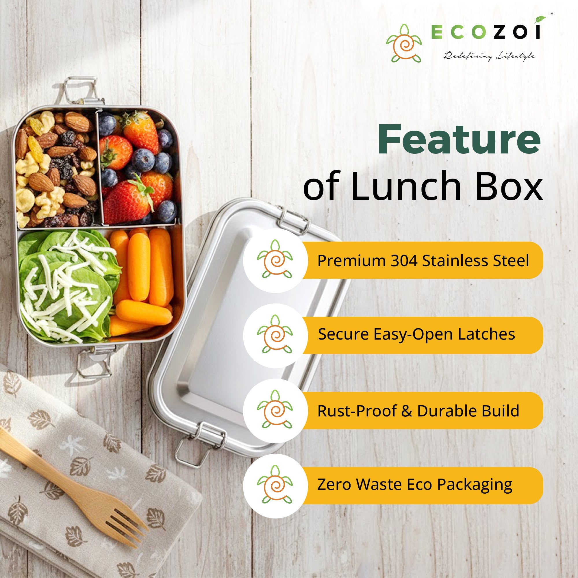 Ecozoi 3-Compartment Stainless Steel Bento Lunch Box – Leakproof, 24 Oz
