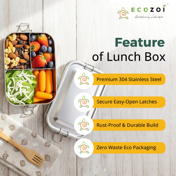 Ecozoi 3-Compartment Stainless Steel Bento Lunch Box – Leakproof, 24 Oz