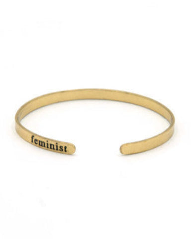 Adjustable recycled brass feminist cuff bracelet by Fair Anita
