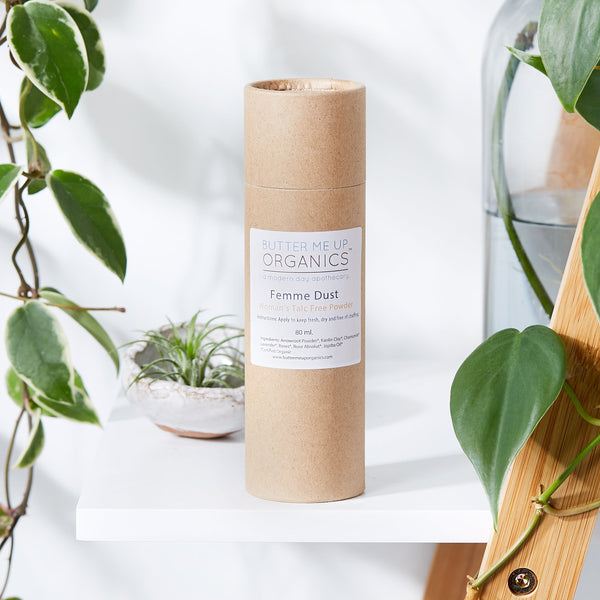 Femme Dust organic talc-free body powder by Butter Me Up Organics in eco-friendly packaging