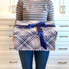 EverBox large foldable gift box in blue plaid shown flat for compact storage