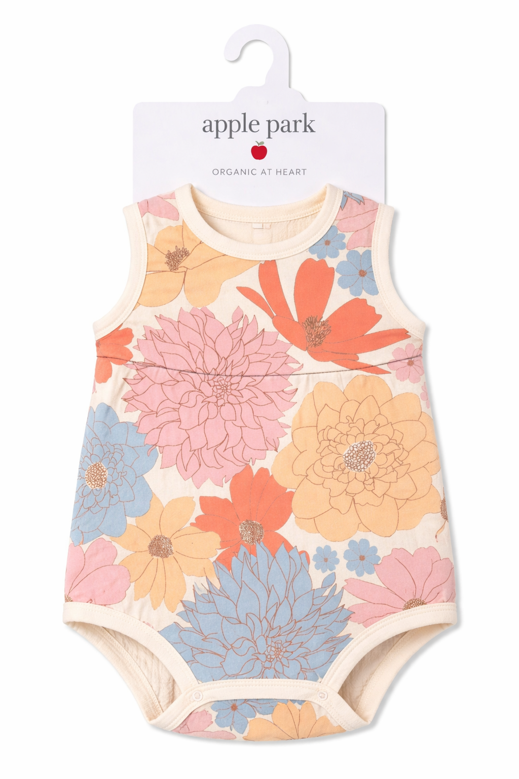 Apple Park Wildflower Picnic Doll Coverall in 100% organic cotton muslin with hand-drawn floral print, laid flat