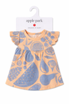 Summer Bounty organic cotton muslin doll dress by Apple Park laid flat, showing hand-drawn fruit print in peach and soft blue tones