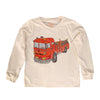 Beige long-sleeve shirt with a red fire truck graphic on a white background