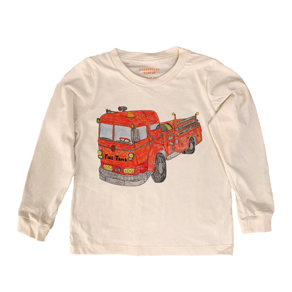 Beige long-sleeve shirt with a red fire truck graphic on a white background
