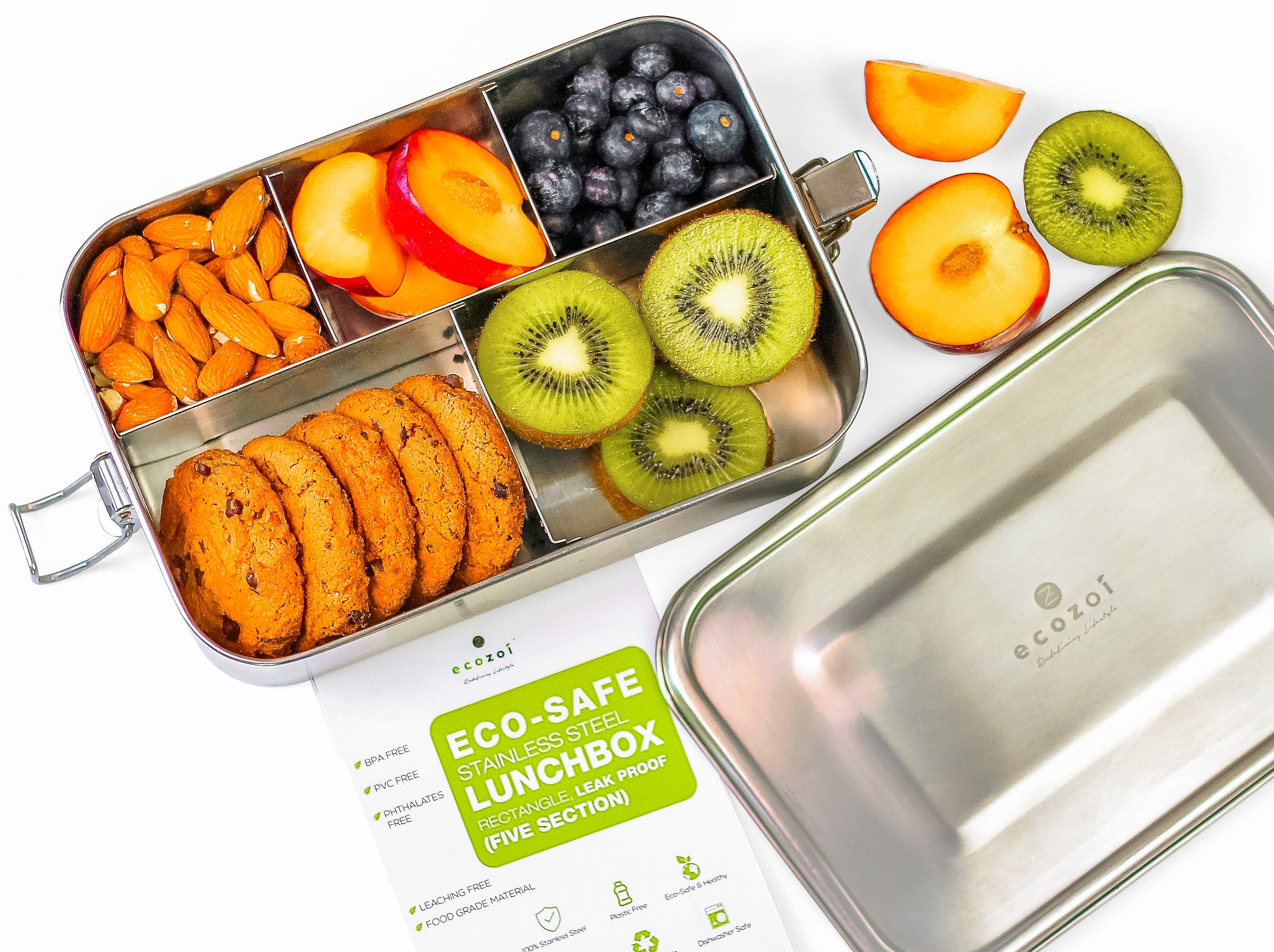 Ecozoi 5-compartment stainless steel bento lunch box with secure latches and silicone seal, closed view