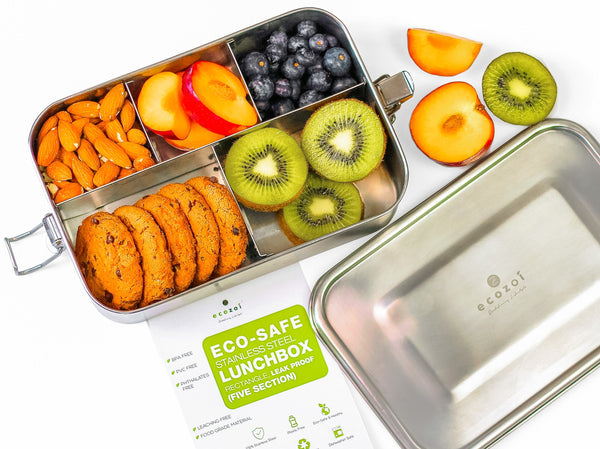 Ecozoi 5-compartment stainless steel bento lunch box with secure latches and silicone seal, closed view