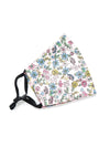 Flat lay of five fair trade cotton face masks in a mix of prints and two sizes