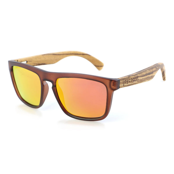 Joycoast Flash sunglasses in Zebrawood with polarized blue lenses, front view