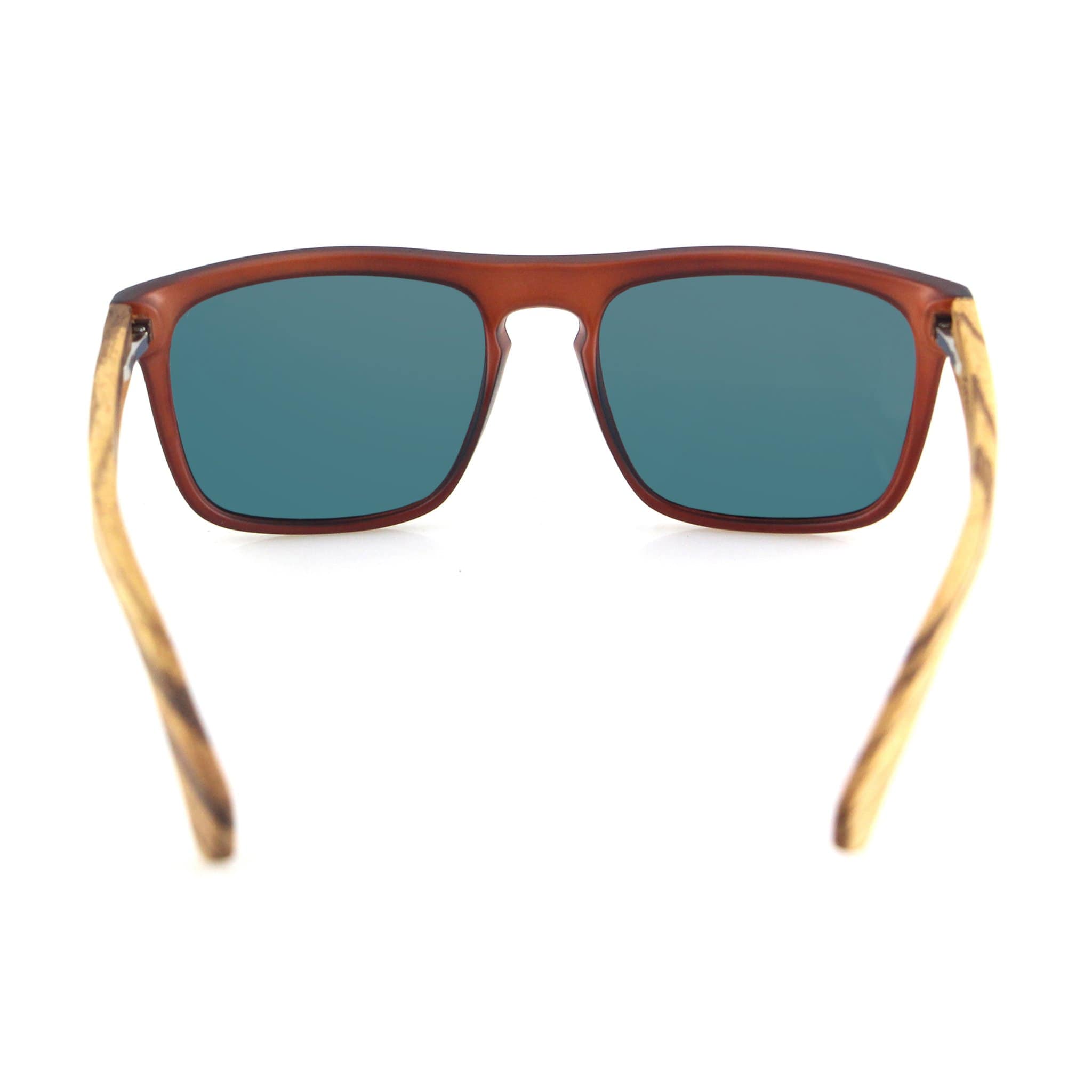 Joycoast Flash polarized wooden sunglasses laid flat, showing frame and temple detail