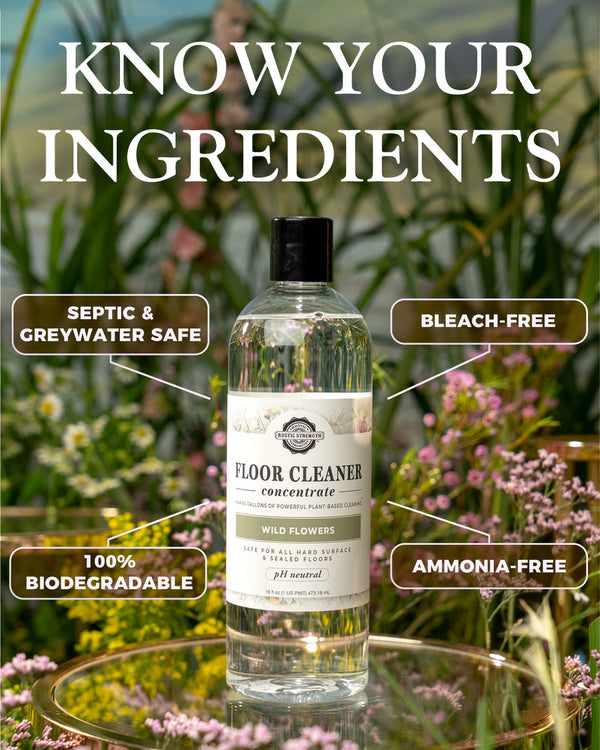 Bottle of floor cleaner with label on a blurred natural background