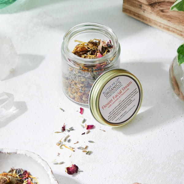 Butter Me Up Organics Calming Herbal Facial Steam in a 4 oz glass jar with dried botanicals