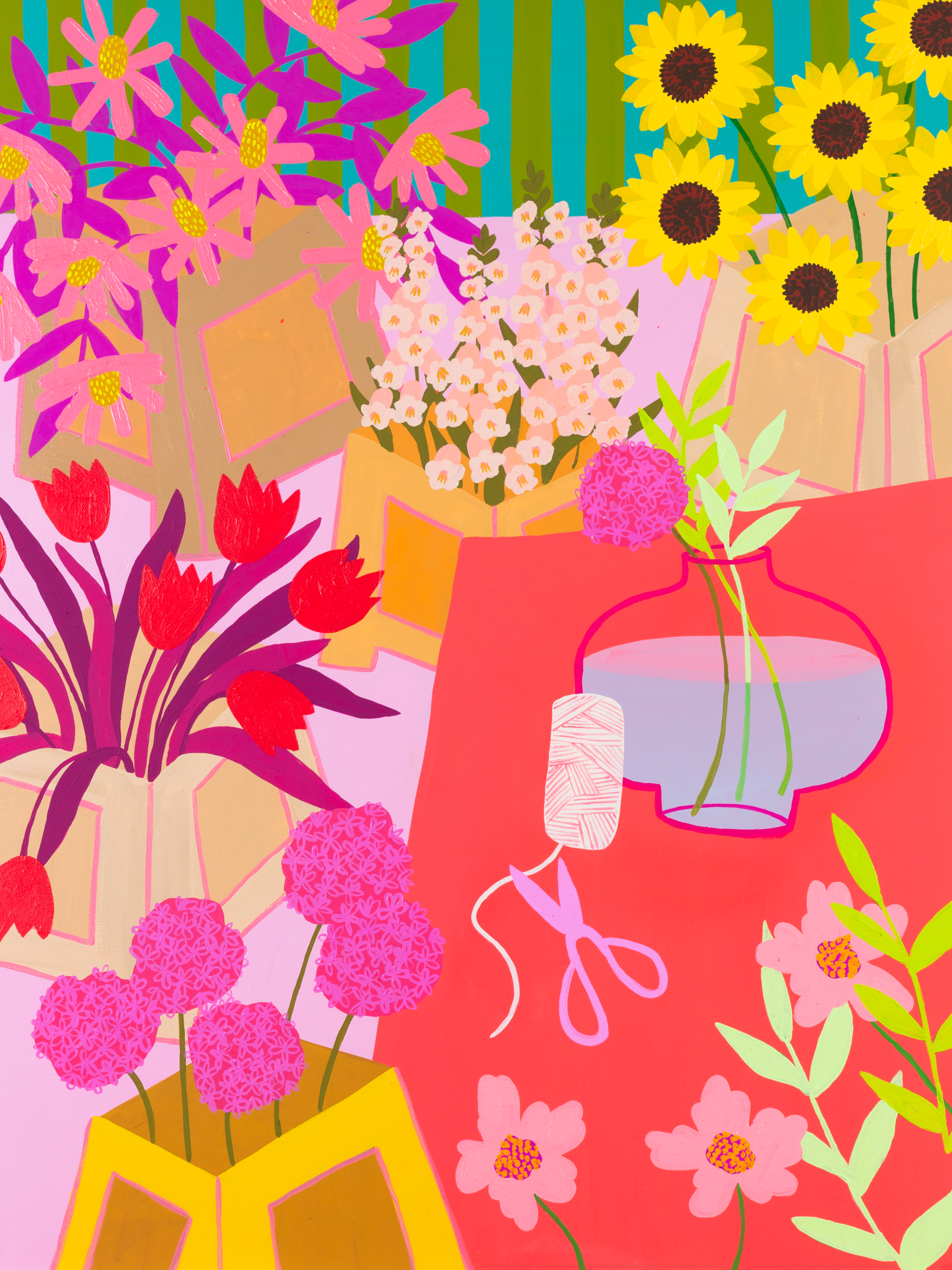 Colorful illustration of flowers and a hair dryer on a red background