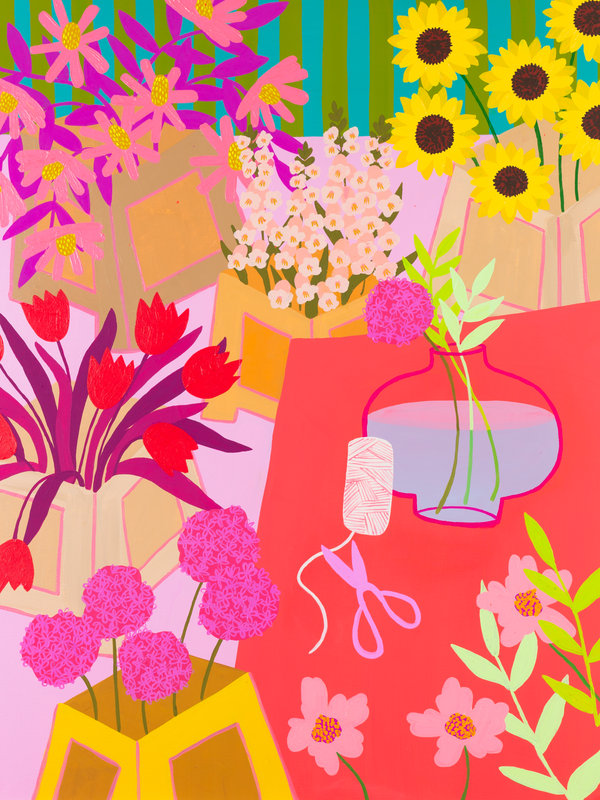 Colorful illustration of flowers and a hair dryer on a red background