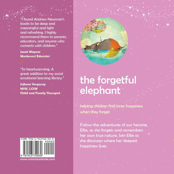 Back cover of The Forgetful Elephant bedtime picture book for children ages 3 to 8