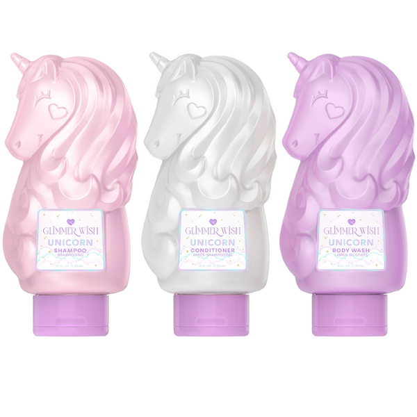 Glimmer Wish Unicorn Hair and Body Essentials bundle with shampoo, conditioner, and body wash