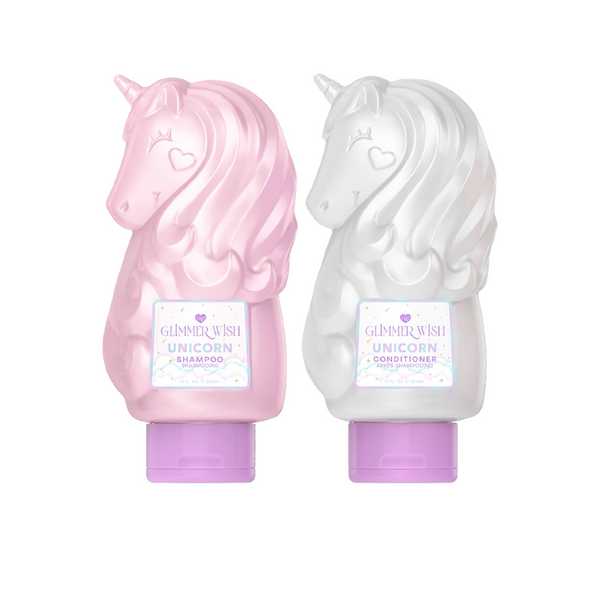 Unicorn Hair Care Duo shampoo and conditioner bottles from Glimmer Wish