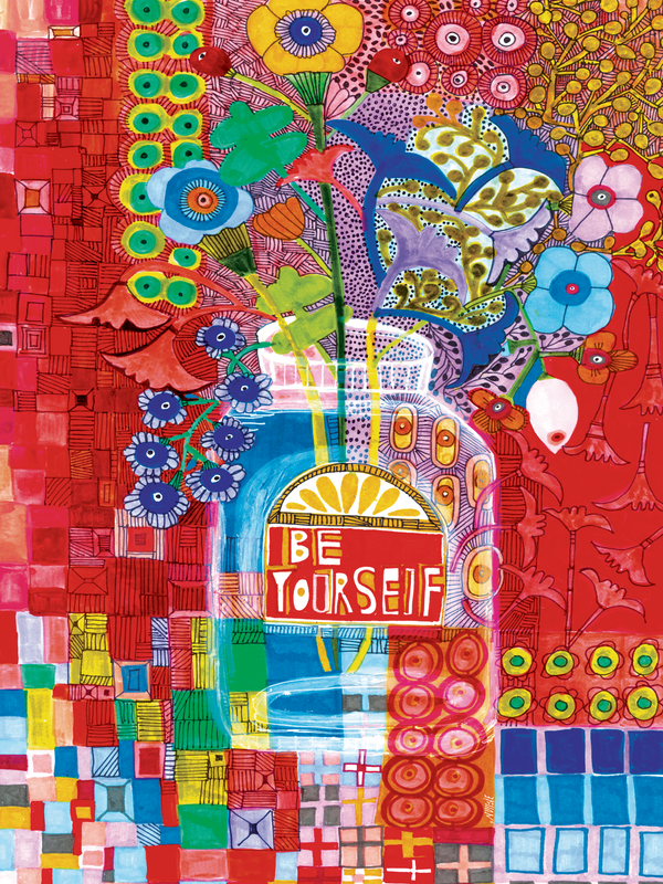Colorful abstract artwork with 'Be Yourself' text