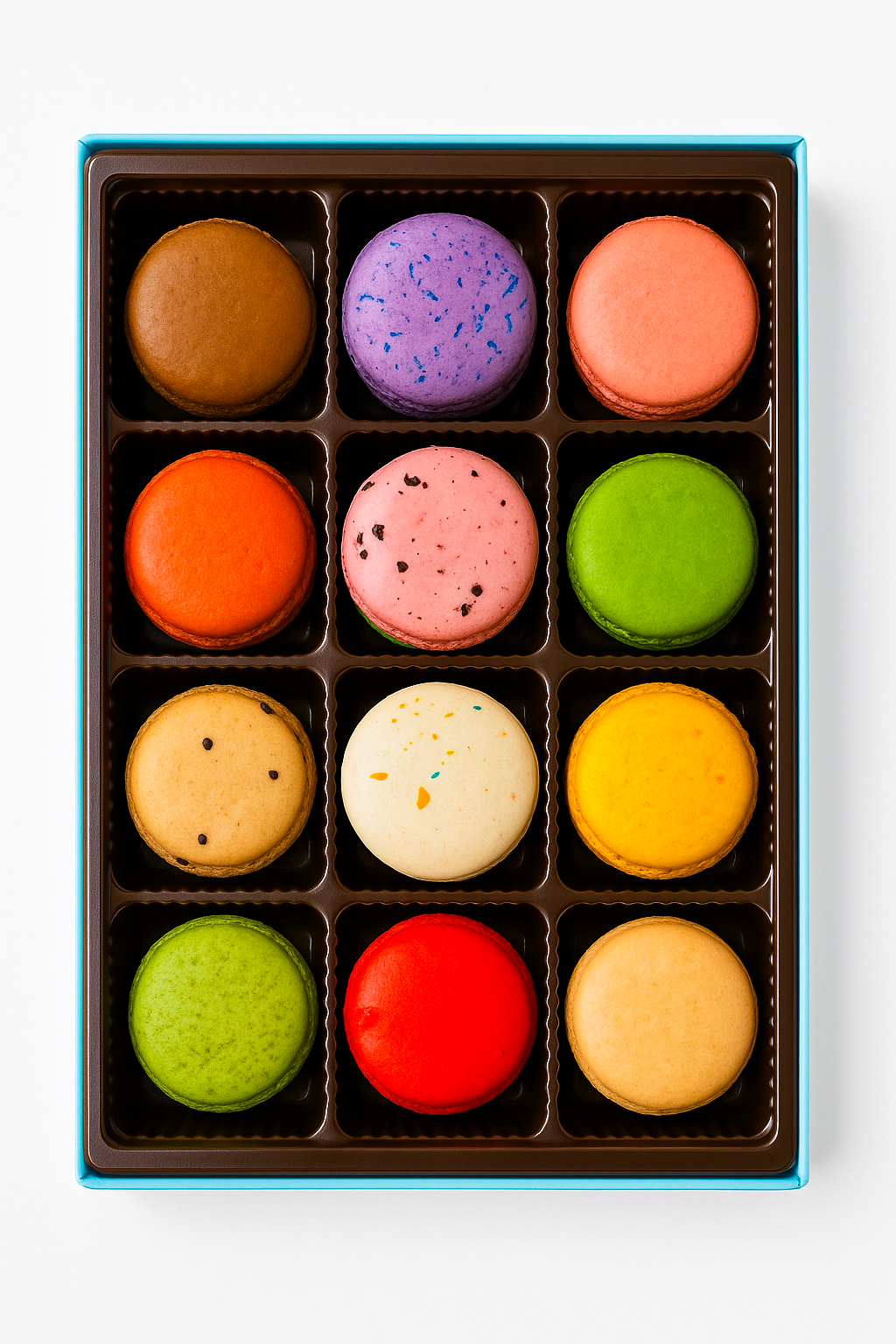 Box of colorful macarons on a white background
