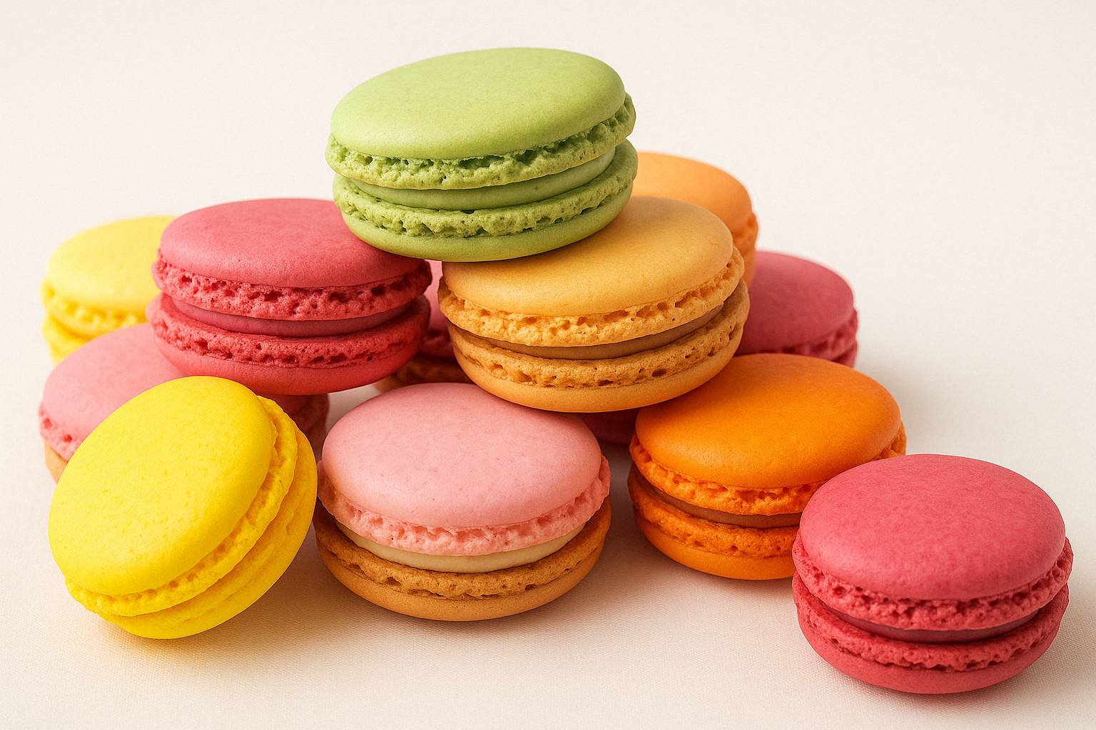 Colorful macarons stacked on a light background