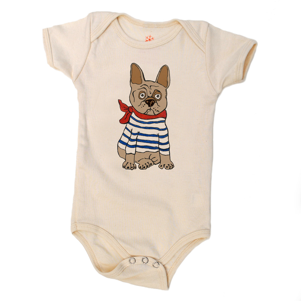 Beige baby onesie with a cartoon dog design on a white background