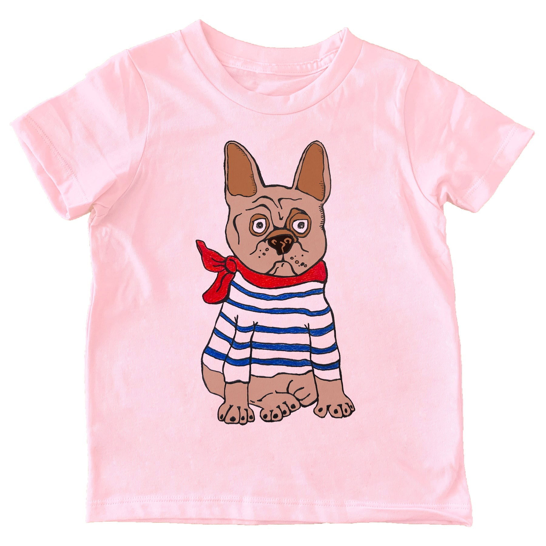 Pink t-shirt with a cartoon dog design on a white background