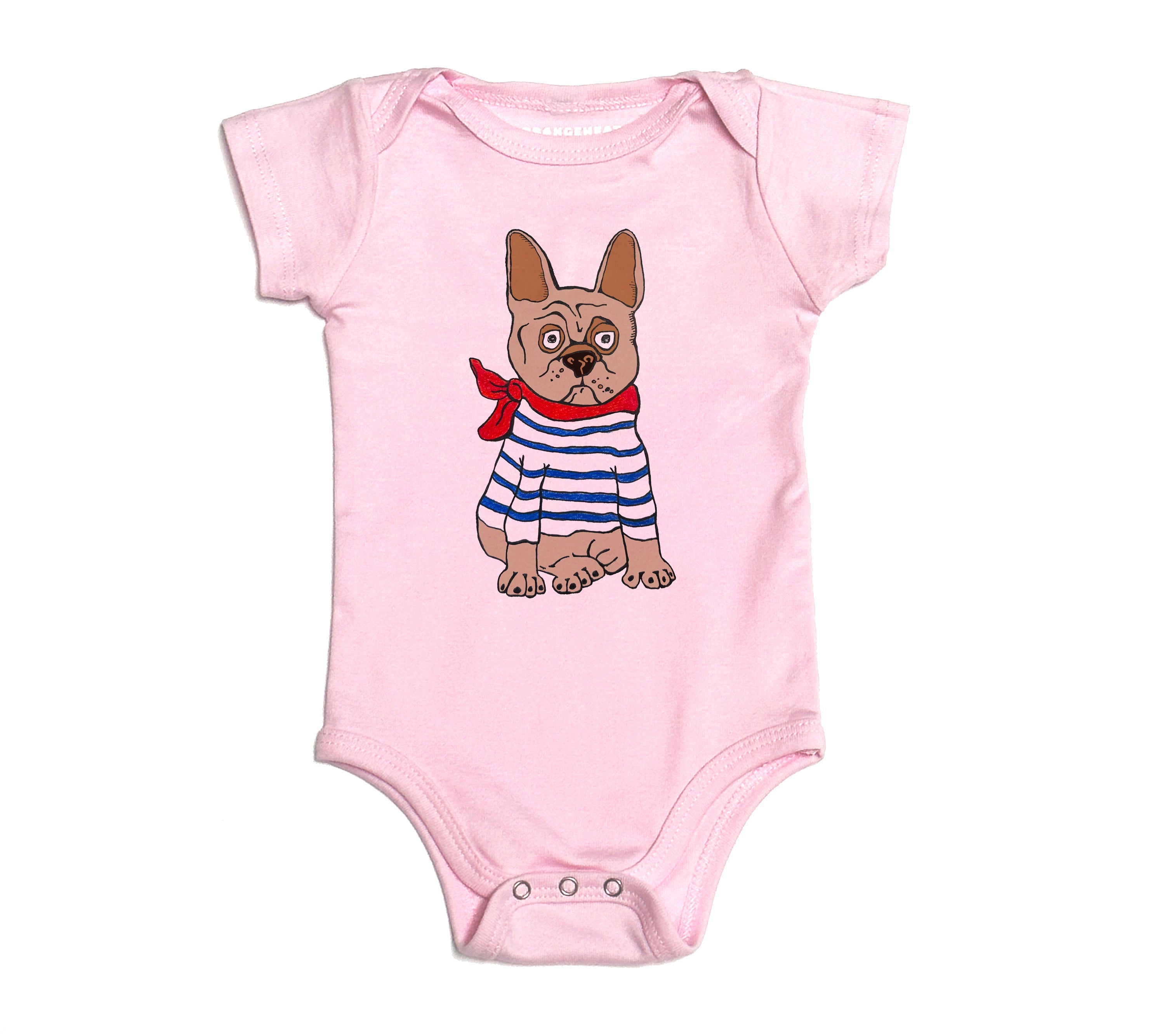 Pink baby onesie with a cartoon dog design on a white background