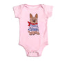 Pink baby onesie with a cartoon dog design on a white background