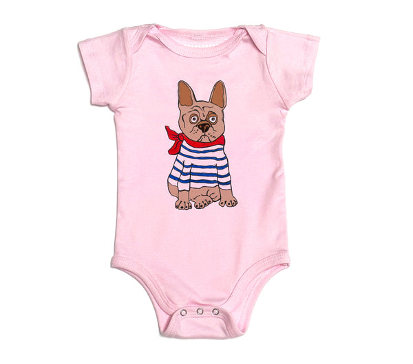Pink baby onesie with a cartoon dog design on a white background