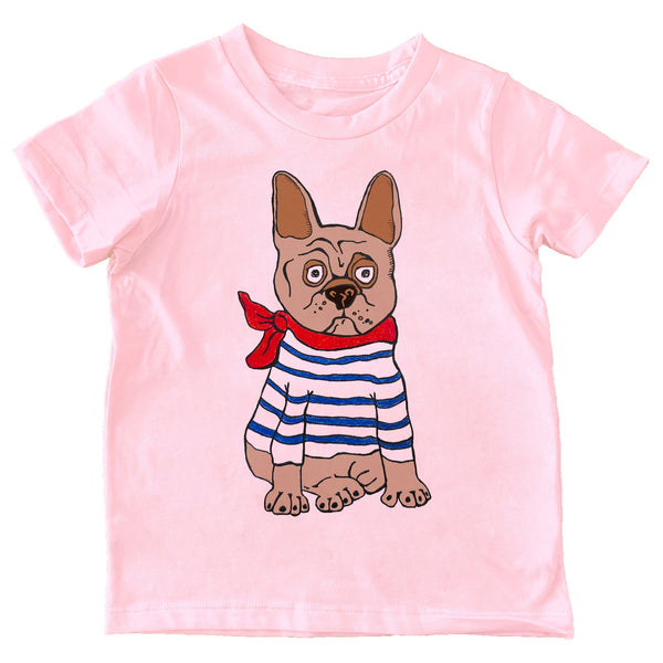 Pink t-shirt with a cartoon dog design on a white background
