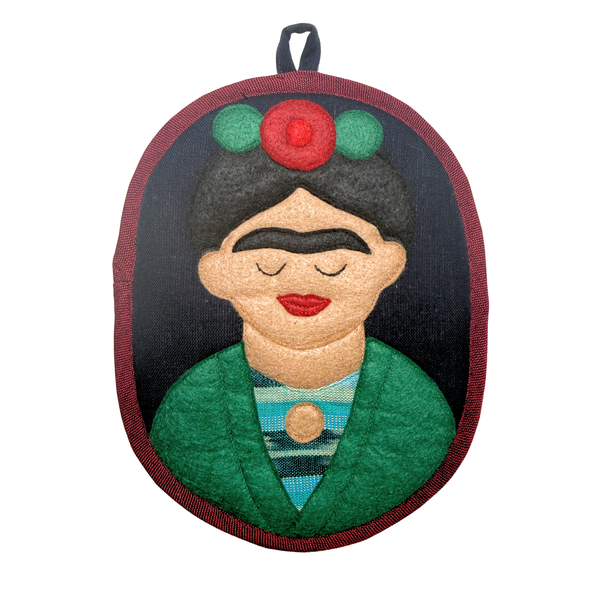 Frida the Artist Potholder shown on a white background