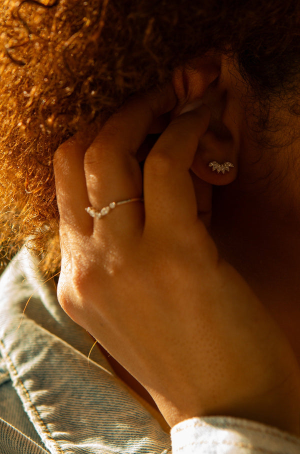Frosting Crystal Sterling Silver Ring styled with Crystal Curve Sterling Silver Stud Earrings