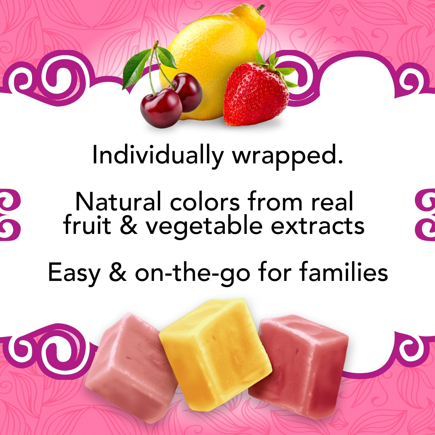 Organic Chewy Candies packaging highlighting product benefits and individually wrapped pieces
