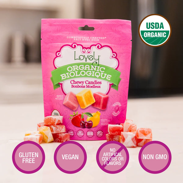 Organic Chewy Candies packaging showing organic, non-GMO and gluten-free claims