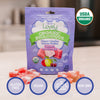Product claims label for Organic Sour Chewy Candies showing vegan and gluten-free certifications