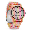 Colorful striped watch with 'joycoast' branding on a white background