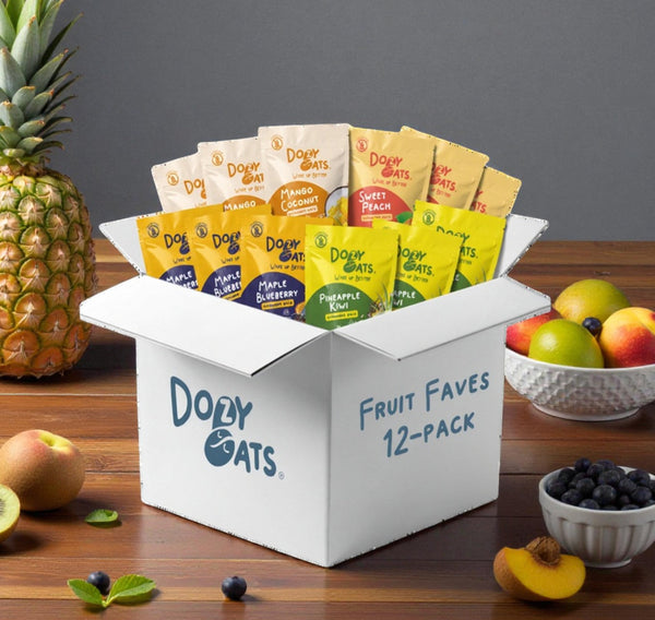 Dozy Oats Fruity Faves gluten free overnight oats variety pack displayed on a table with all four flavours