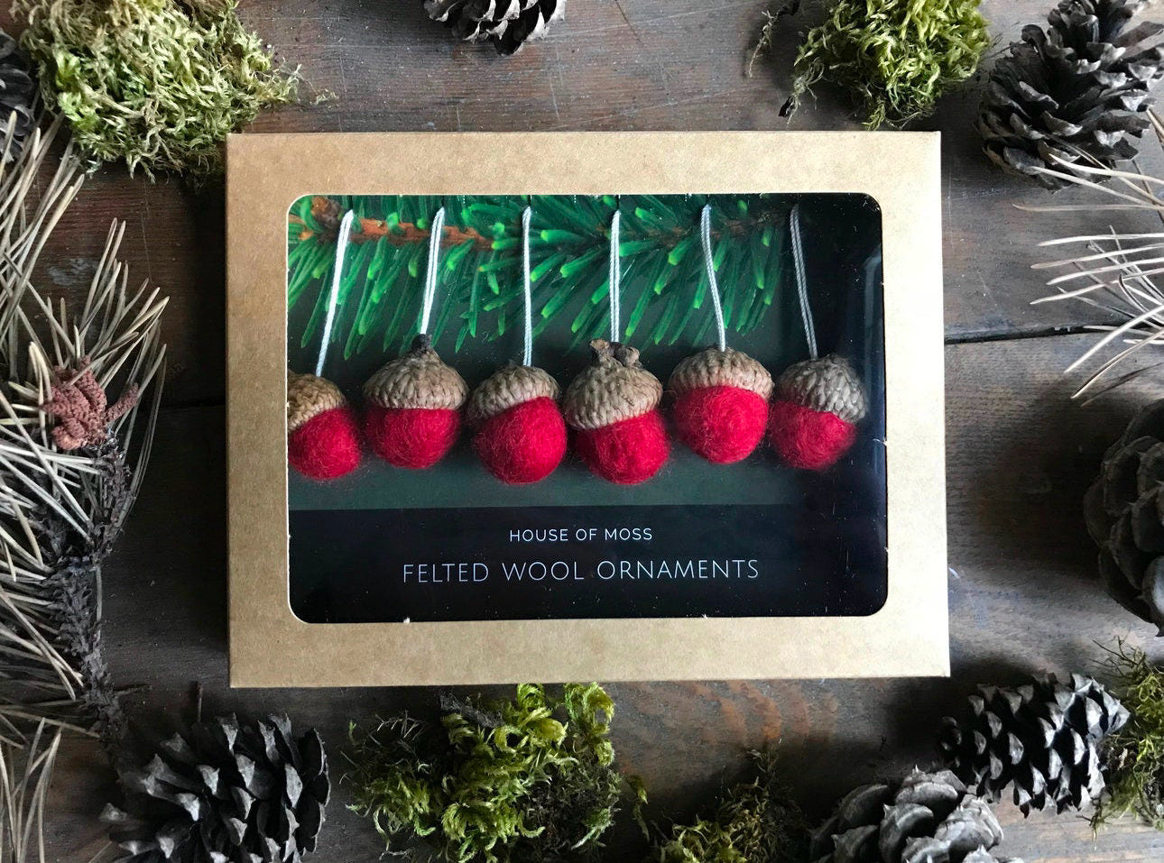 House of Moss felted wool acorn ornaments, set of 6, ready for holiday decoration