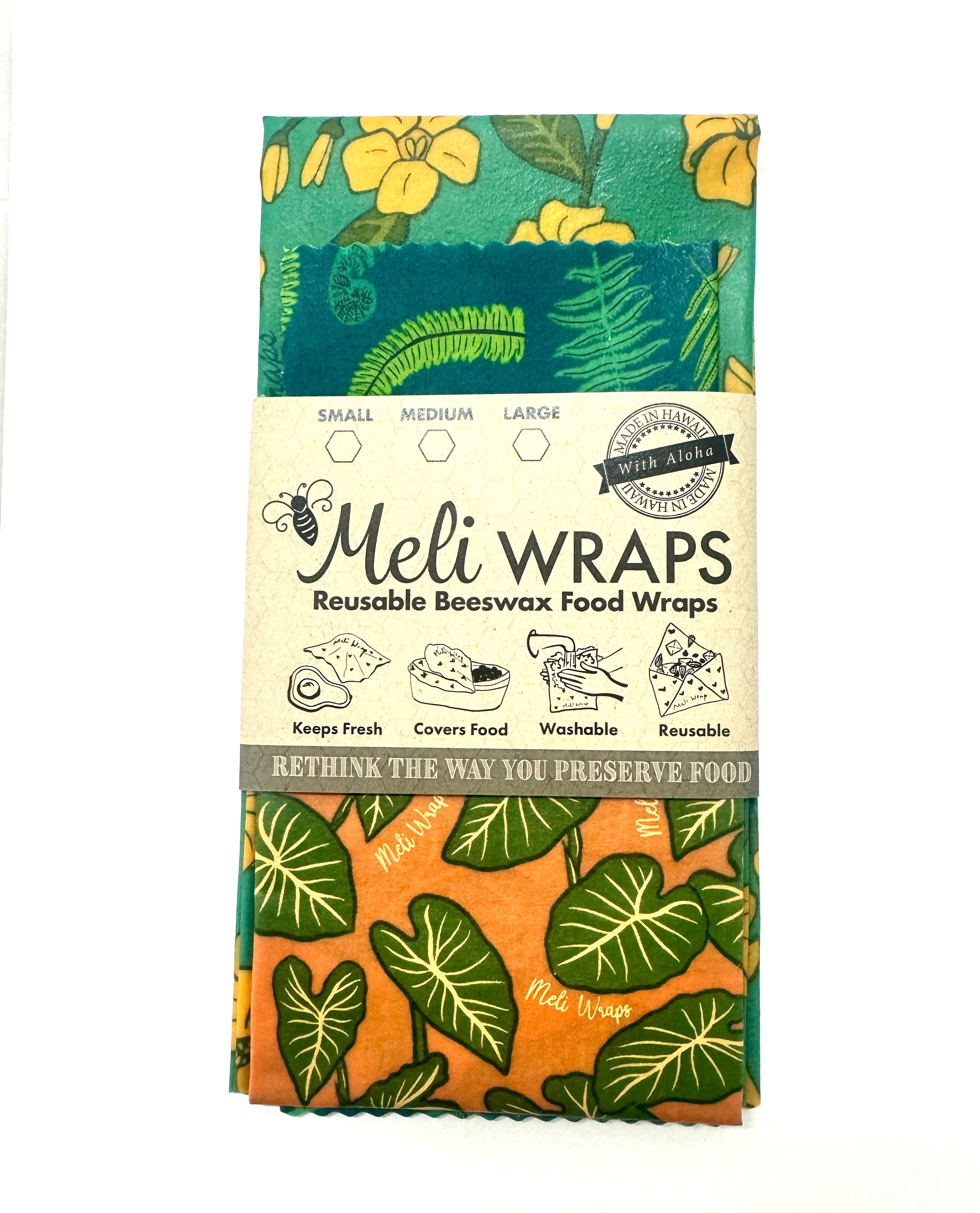 Beeswax Wrap Variety Pack in Hawaiiana print, set of 3 reusable wraps