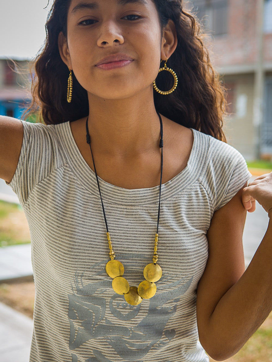 Full Moon Artillery Necklace in brass finish — recycled bullet casing jewellery, fair trade