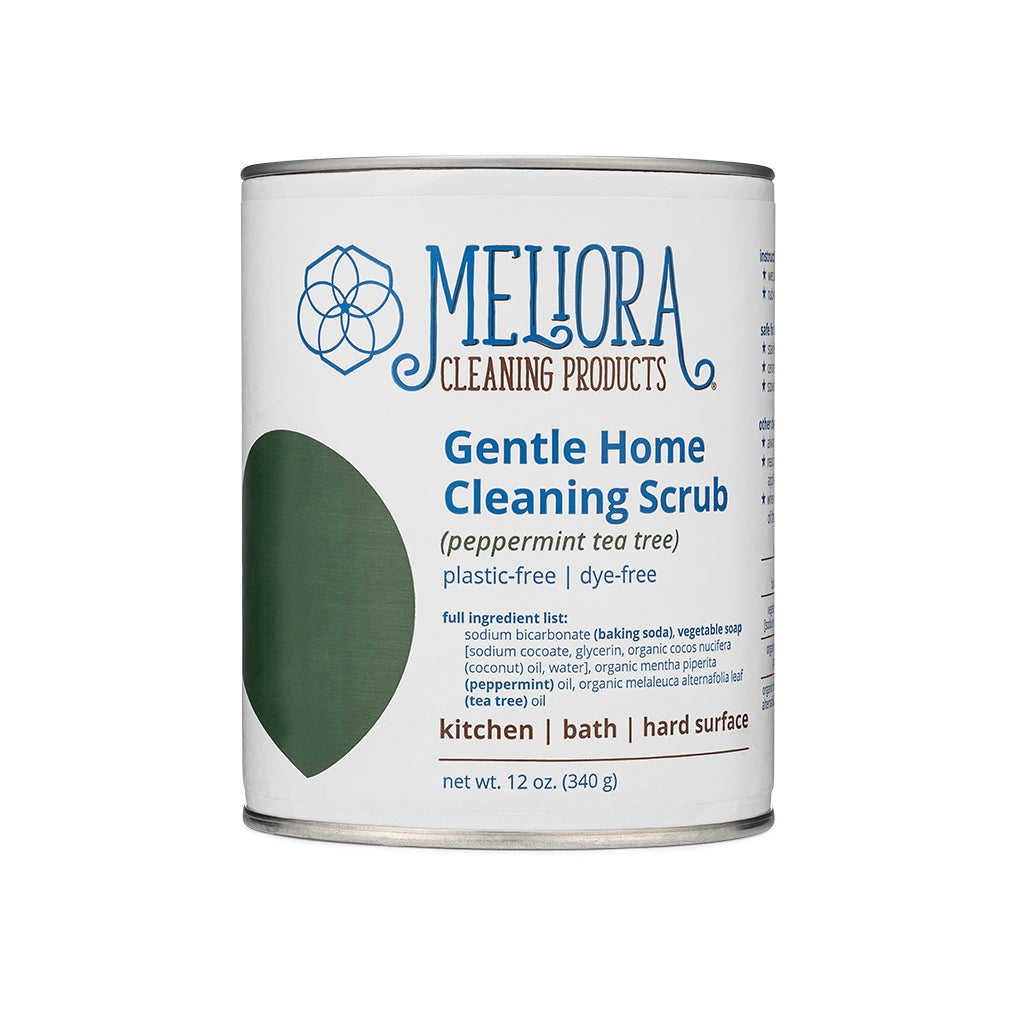 Meliora Gentle Home Cleaning Scrub Powder canister in peppermint tea tree scent