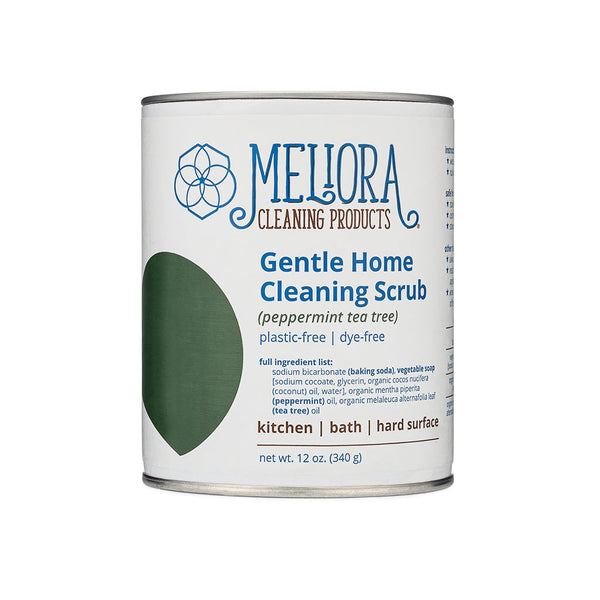 Meliora Gentle Home Cleaning Scrub Powder canister in peppermint tea tree scent