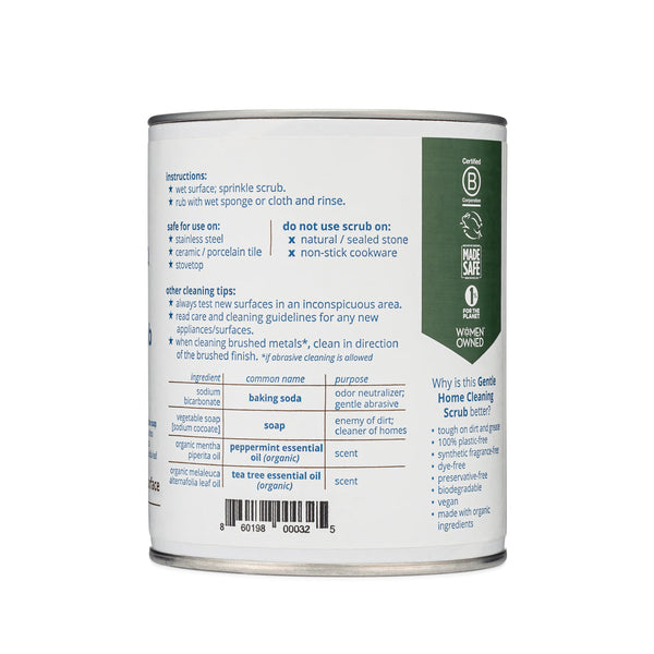 Back label of Meliora Gentle Home Cleaning Scrub Powder canister showing full ingredient list